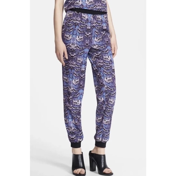 Tibi Ibis Print Jogger Pants Easy Track Pant Purple Feather Joggers Size XS - Picture 2 of 11